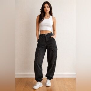 PACSUN Black Wash Wide Leg Cargo 90’s Jogger Boyfriend Relaxed Fit Jeans Size 26